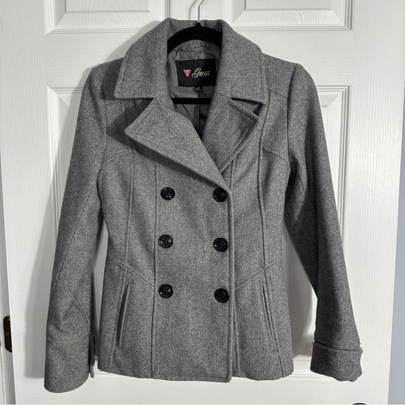 Guess double breasted wool blend jacket, size XS, gray, fitted, professional - Picture 1 of 11